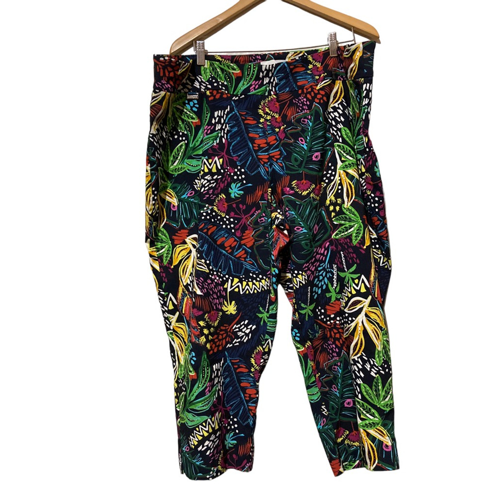 Peck & Peck Womens Capri Pants Black Floral High Rise Pull On Stretch 26W